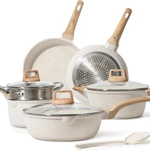 CAROTE Pots and Pans Set Nonstick, White Granite  Cookware Sets, 10 Pcs Cooking Set 