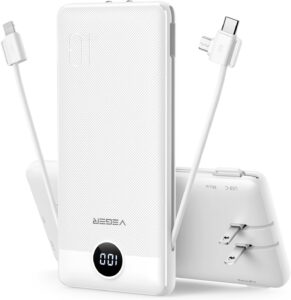 VEGER Portable Charger for iPhone Built in Cables and Wall Plug, 10000mah Slim Fast Charging USB C Power Bank, Travel Essential Battery Pack Compatible with iPhones, iPad, Samsung, and More(White)