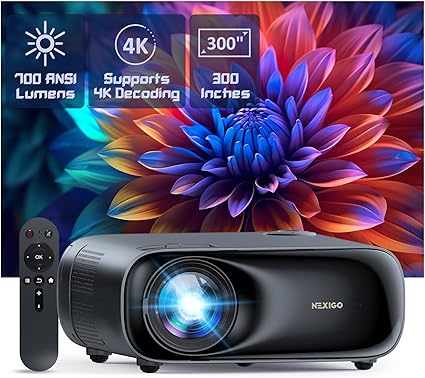 NexiGo PJ40 Projector (Gen 3)with WiFi, Bluetooth, and 20W speakers for home theater and outdoor use.