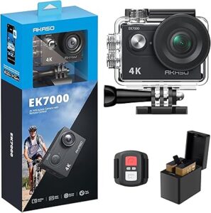 AKASO EK7000 4K30FPS Ultra HD action camera with waterproof case, Wi-Fi, EIS, and remote control, ideal for outdoor sports and underwater photography.