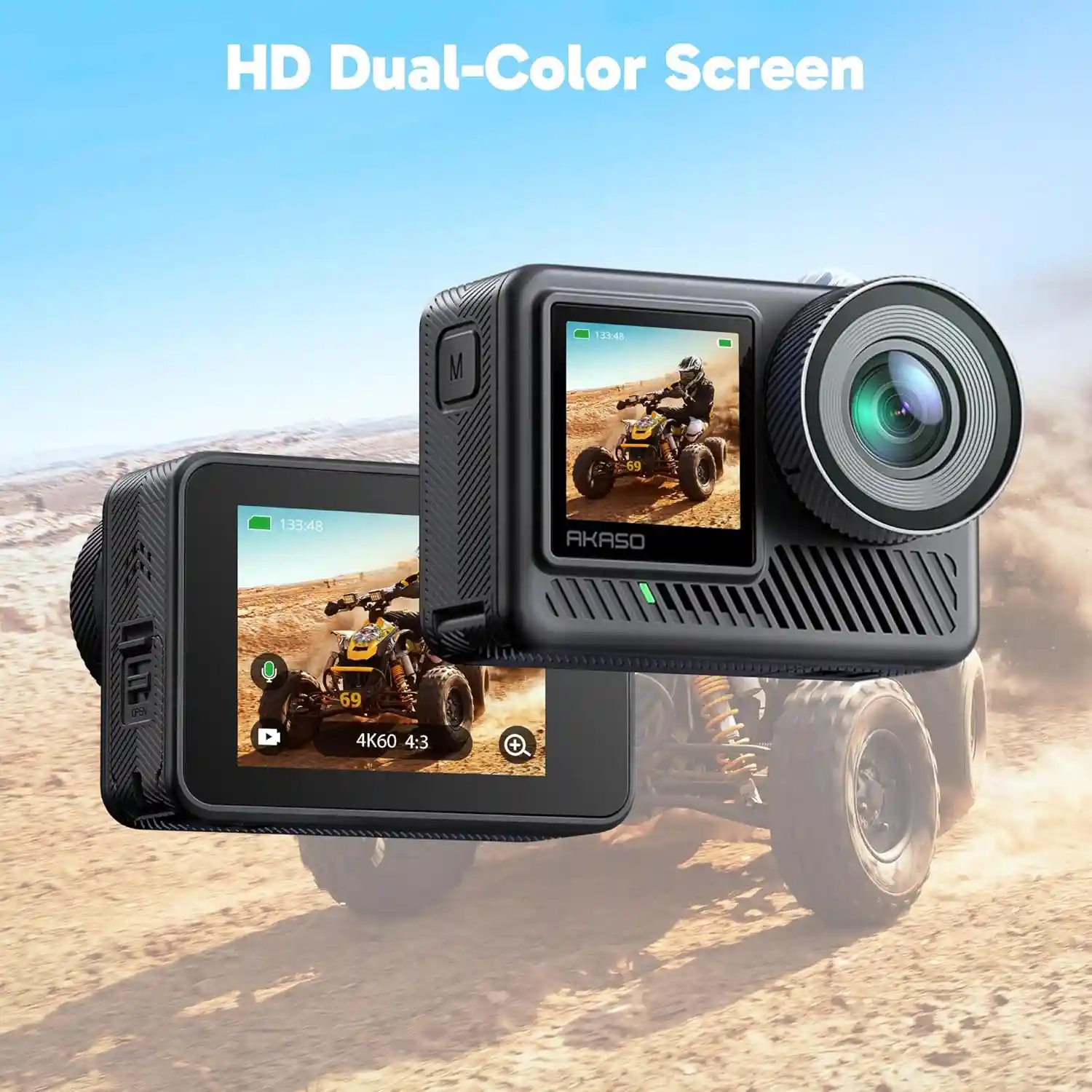 AKASO action camera with HD dual-color screen displaying 4K60 video, ideal for capturing outdoor adventures.