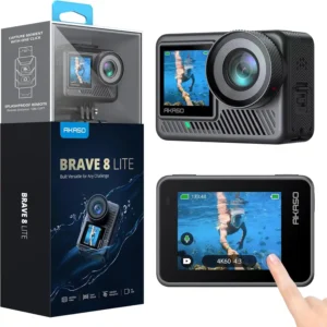 AKASO Brave 8 Lite waterproof action camera with 4K60 video, 20MP photos, touch screen, and splashproof remote in packaging.