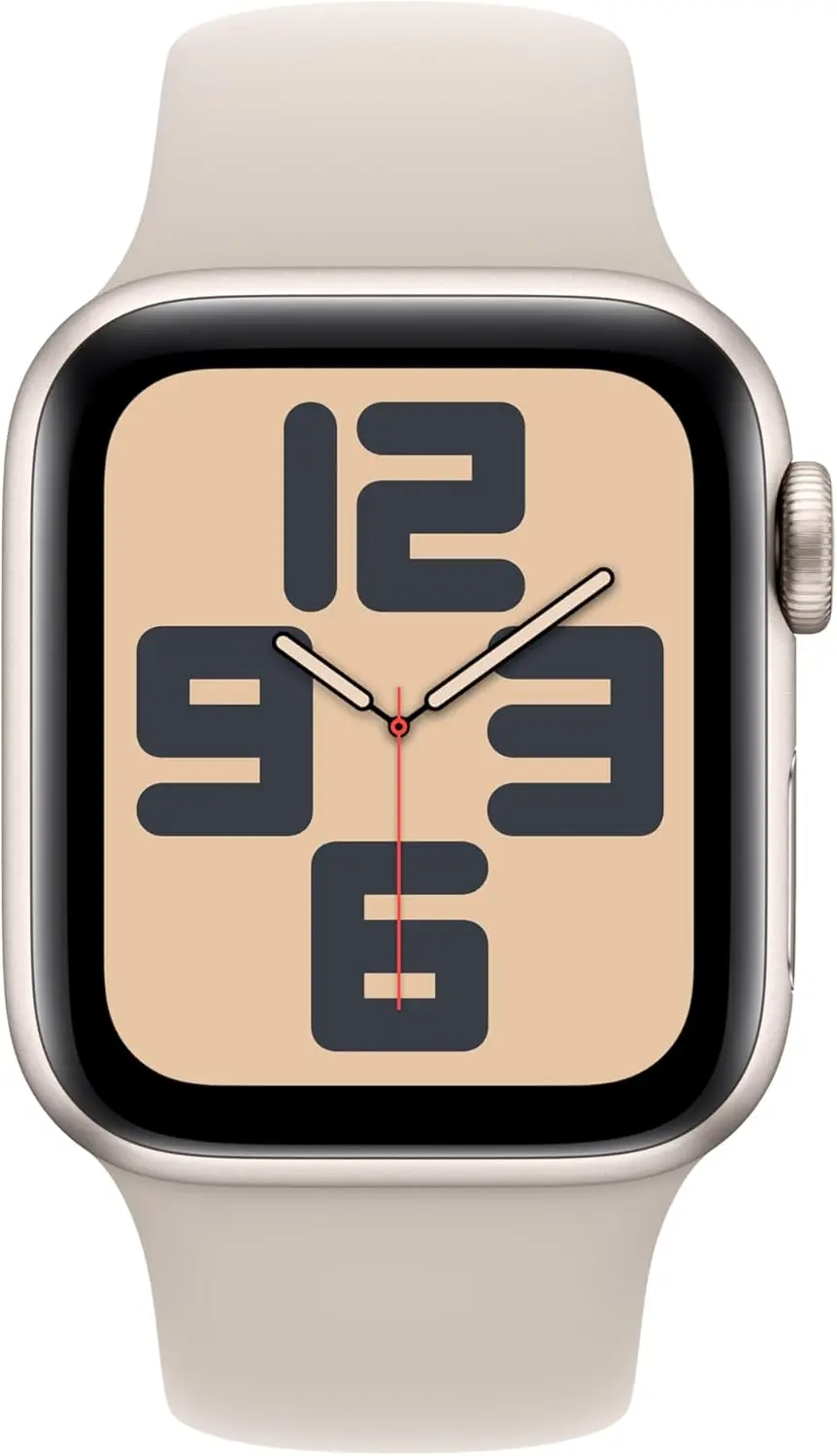 Close-up of the Apple Watch SE (2nd Gen) displaying a bold clock face with a beige background.