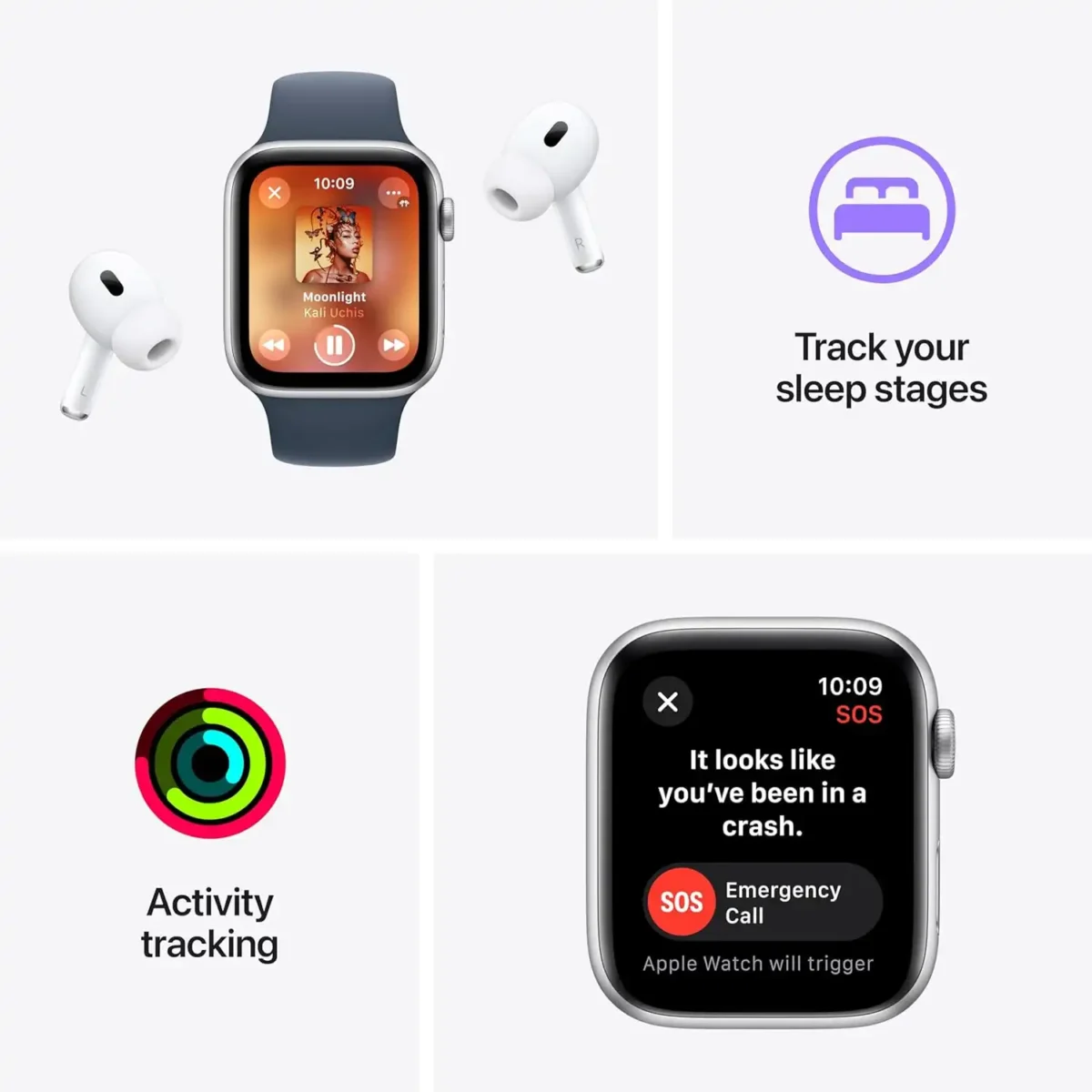 Apple Watch SE (2nd Gen) displaying music controls, activity tracking, and crash detection features with AirPods.