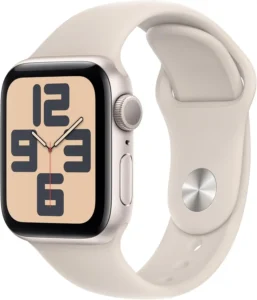 Apple Watch SE (2nd Gen) with Starlight Aluminum Case and Sport Band.