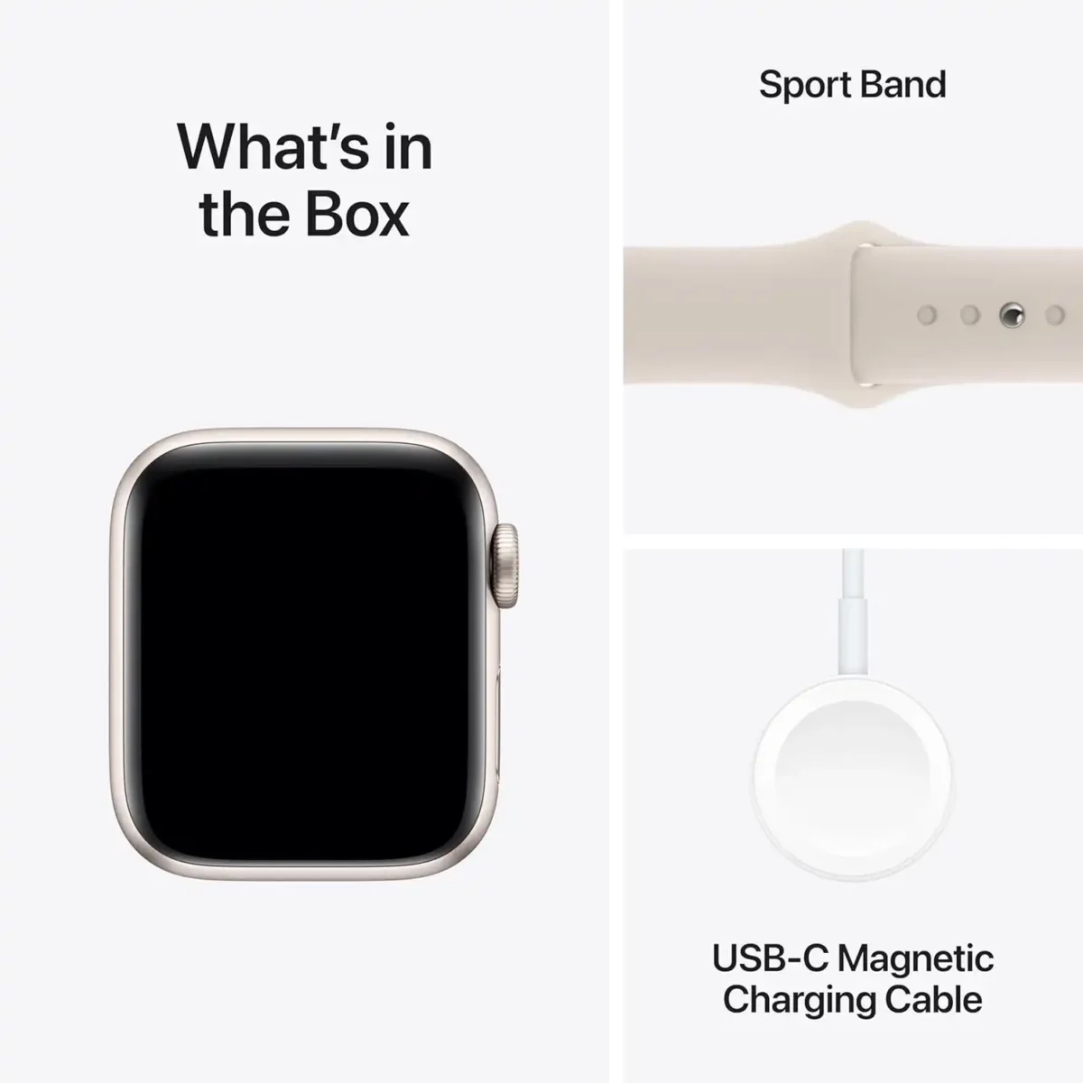 Contents of the Apple Watch SE (2nd Gen) box, including the watch, sport band, and charging cable.