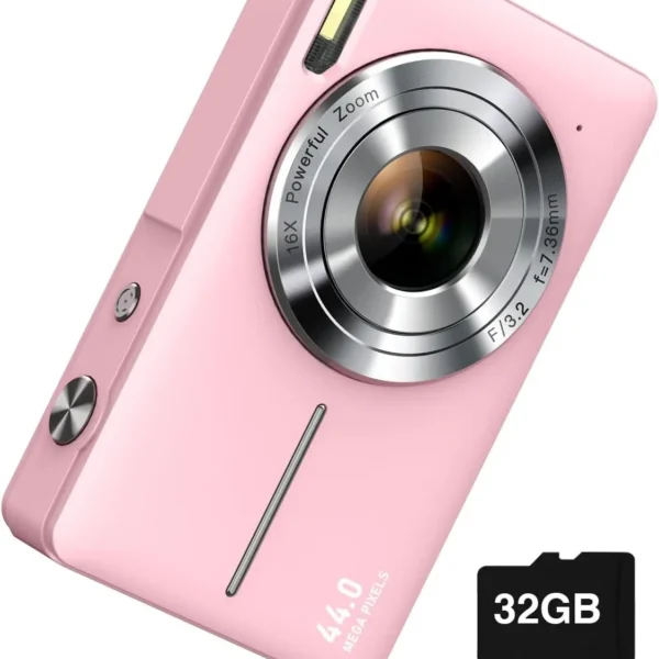 Pink digital camera with a powerful zoom lens and a 32GB memory card.