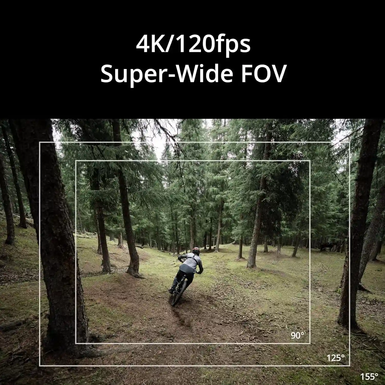 Cyclist in a forest captured in super-wide FOV at 4K/120fps with DJI Osmo action 3 camera