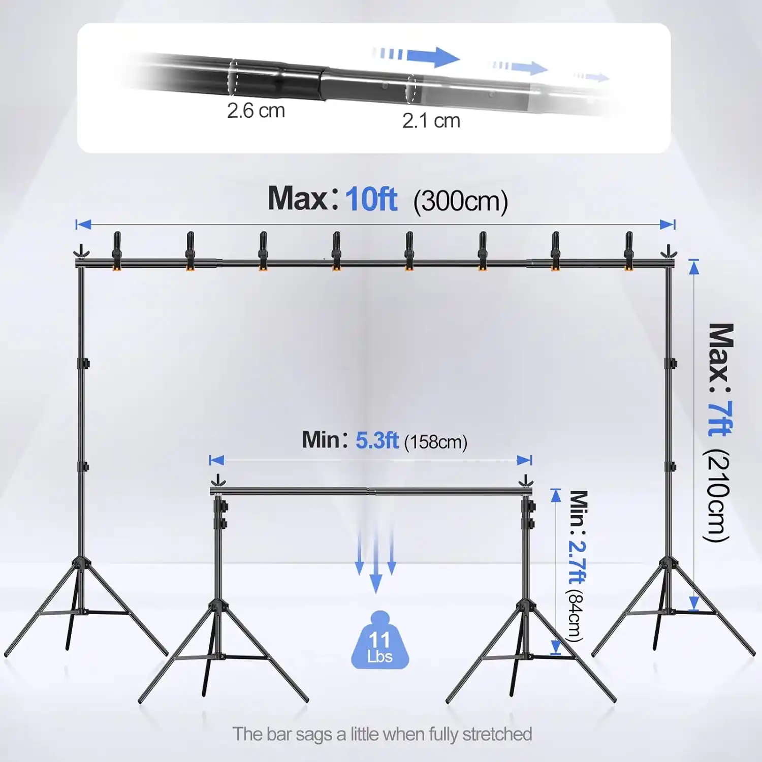 EMART Backdrop Stand 10x7ft with adjustable height and width specifications.