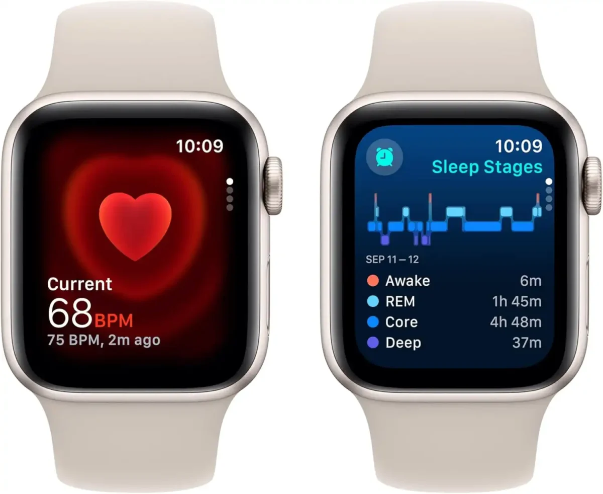 Apple Watch SE (2nd Gen) displaying heart rate and sleep stages on the screen.