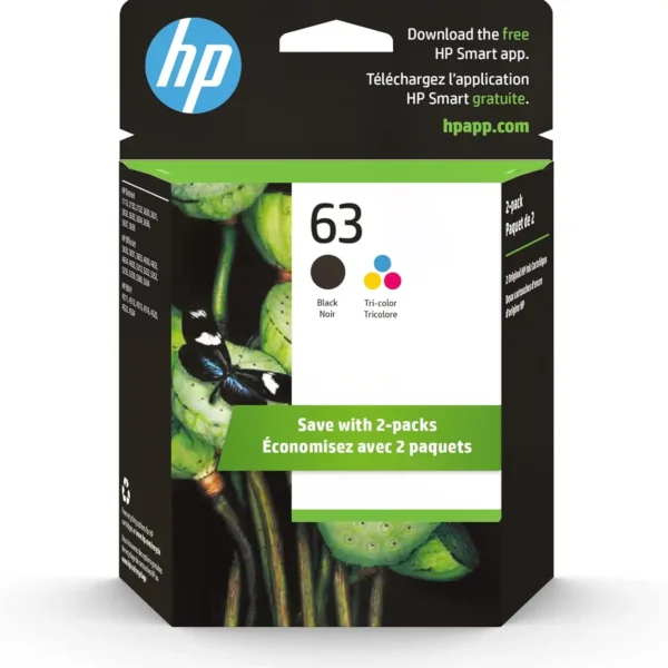 HP 63 black and tri-color ink cartridge 2-pack compatible with HP DeskJet, ENVY, and OfficeJet printers.