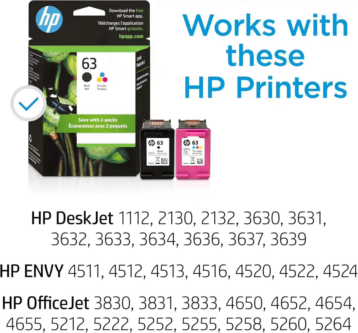 HP 63 ink cartridge 2-pack compatible with HP DeskJet, ENVY, and OfficeJet printers listed.