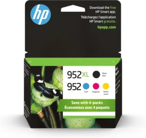 HP 952/952XL ink cartridges 4-pack with cyan, magenta, yellow, and black.