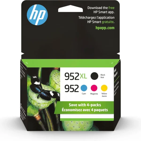 HP 952/952XL ink cartridges 4-pack with cyan, magenta, yellow, and black.