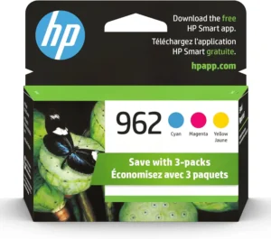 HP 962 ink cartridge 3-pack featuring cyan, magenta, and yellow colors.