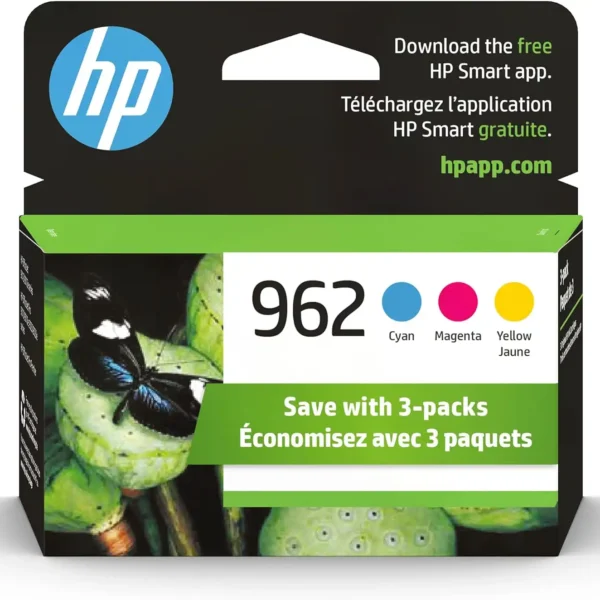 HP 962 ink cartridge 3-pack featuring cyan, magenta, and yellow colors.