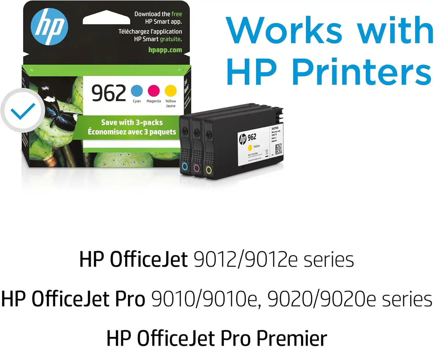 HP 962 ink cartridge 3-pack compatible with HP OfficeJet 9012, 9012e, 9010, 9010e, 9020, 9020e, and Pro Premier printers.