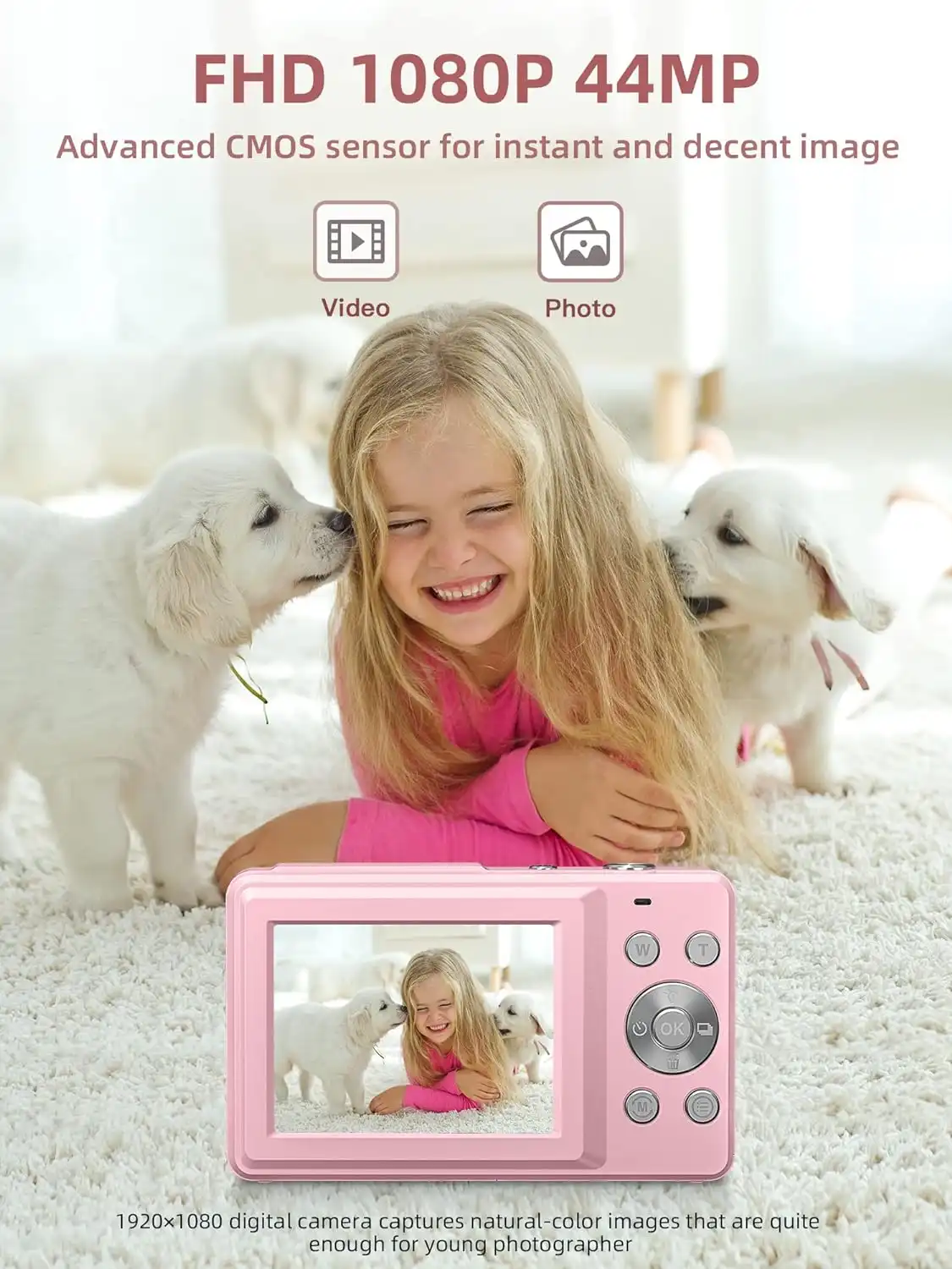 Pink digital camera displaying a photo of a girl playing with puppies, showcasing FHD 1080P resolution.