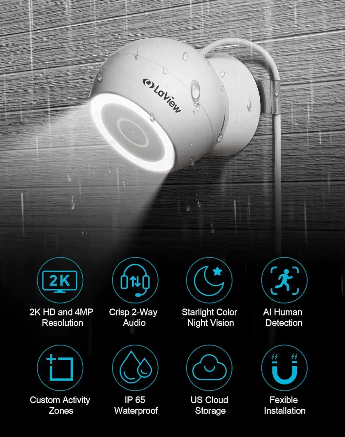 LaView 4MP 2K Security Camera with waterproof design and features.