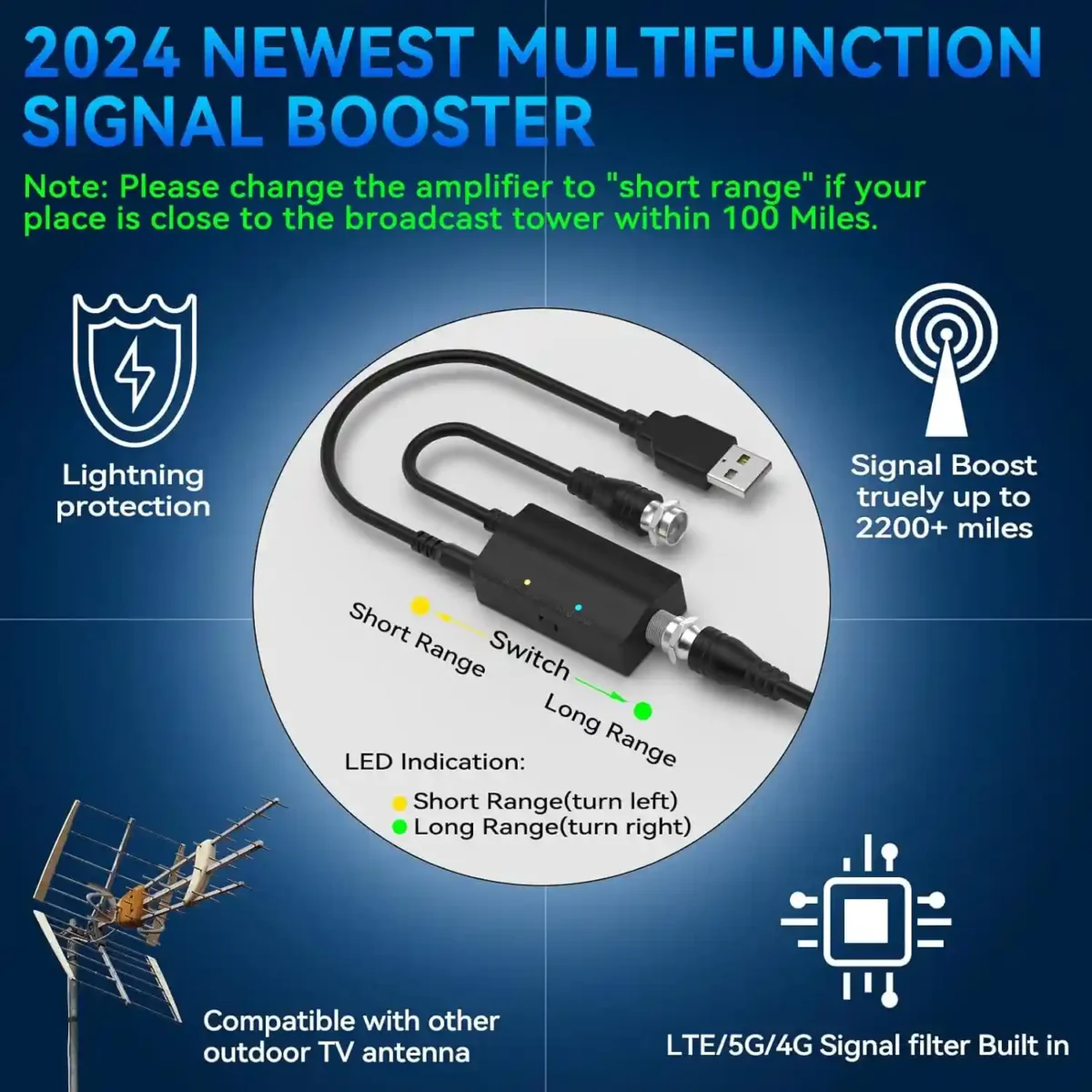2024 multifunction signal booster with lightning protection, LED indicators for short and long range, and compatibility with other outdoor TV antennas.