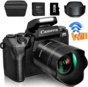 Saneen 4K digital camera with lens hood, battery, 32GB SD card, and WiFi features.