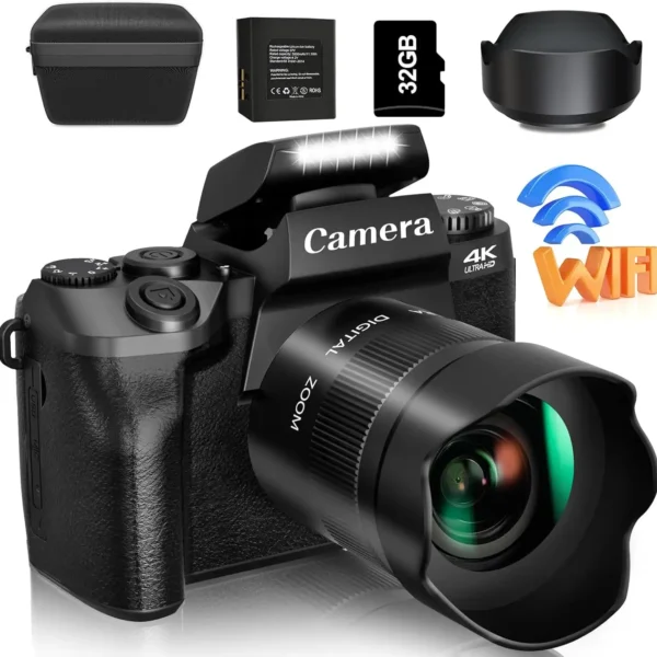 Saneen 4K digital camera with lens hood, battery, 32GB SD card, and WiFi features.