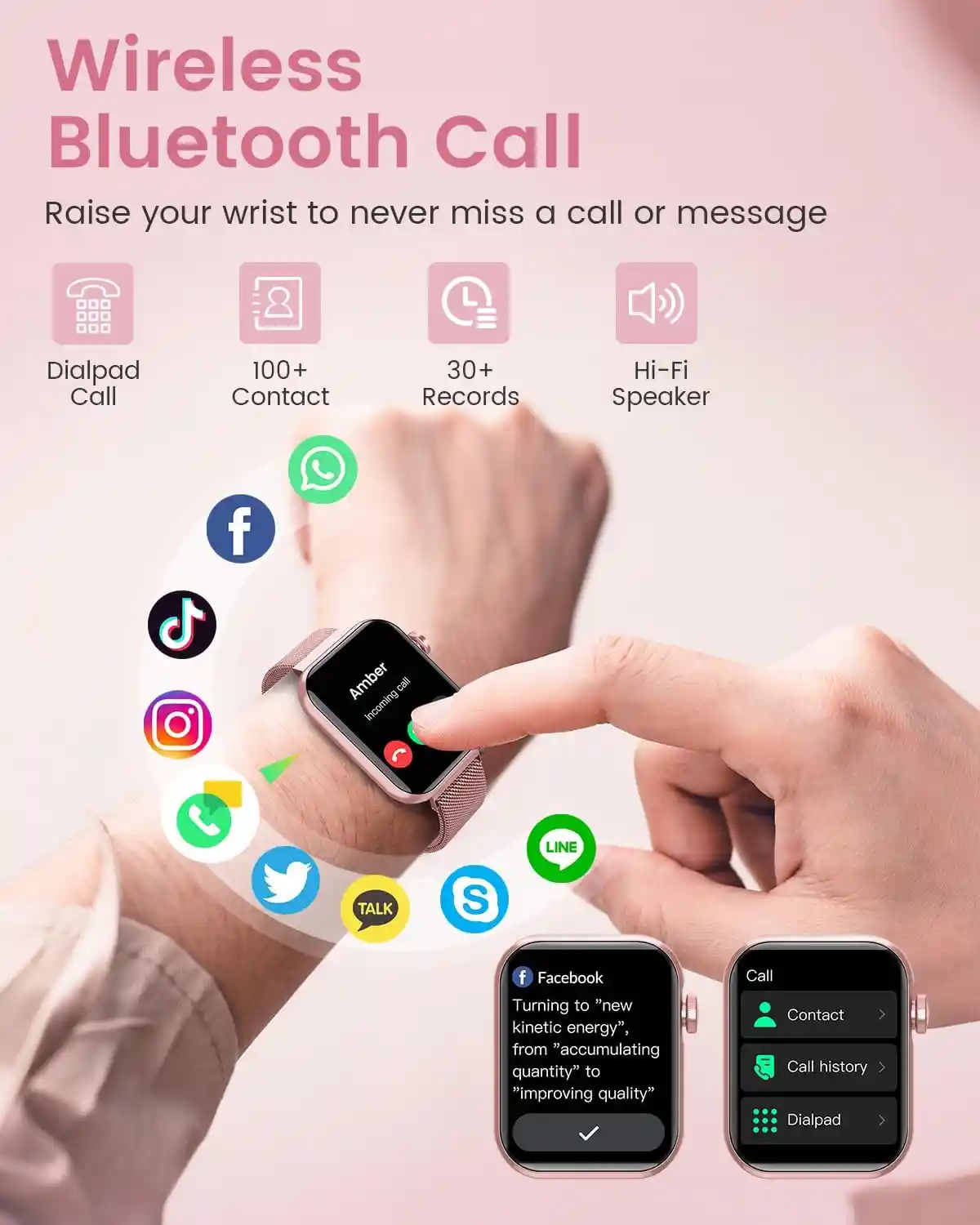 Smartwatch featuring wireless Bluetooth call capabilities, with dialpad, contacts, call history, and notifications from various apps.