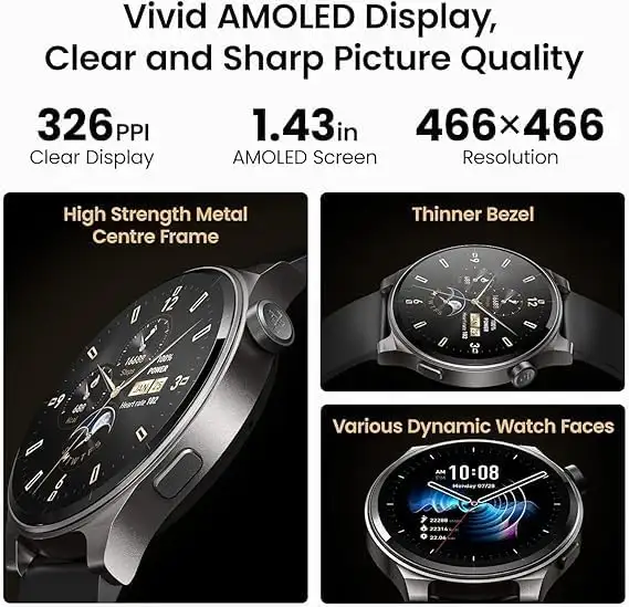 A close-up view of the TOZO S5 smartwatch displaying various fitness metrics and the time on its vivid AMOLED screen.