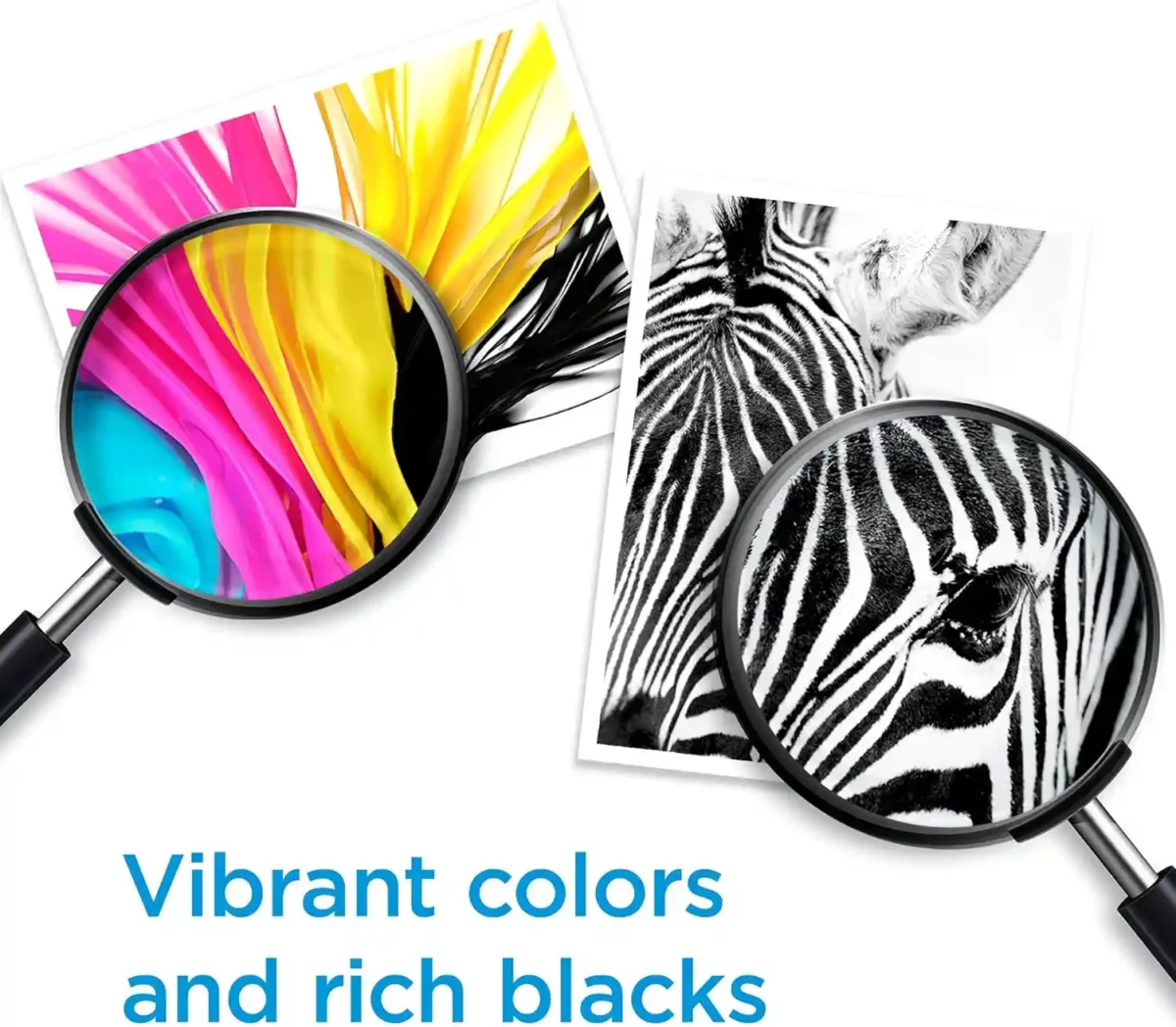 Magnified vibrant colors and sharp black details printed with HP ink cartridges.