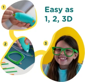 3Doodler Start+ pen set for kids with easy 3-step process to create fun 3D art, featuring a child making 3D glasses.