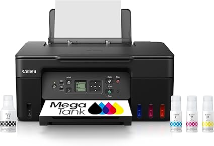 Canon MegaTank G3270 All-in-One Printer with MegaTank technology for home use, black model, displaying wireless connectivity and ink tanks.