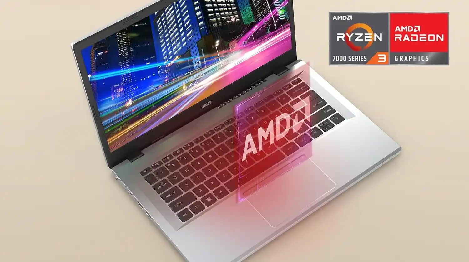 Acer Aspire 3 laptop with AMD Ryzen 3 7320U processor and AMD Radeon graphics, showcasing the Full HD display.