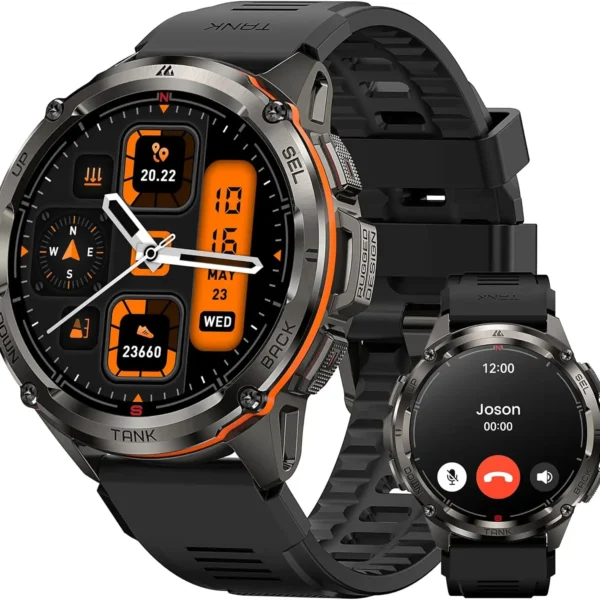 Rugged AMAZTIM GPS Smart Watch for Men with a stainless steel body, compass, AMOLED screen, and waterproof design