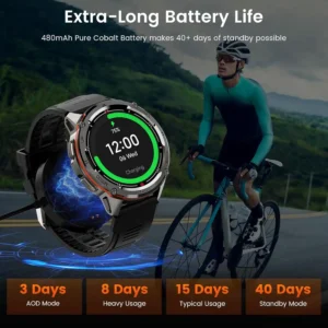 AMAZTIM GPS smartwatch with 480mAh Pure Cobalt battery offering up to 40+ days of standby life and various usage modes