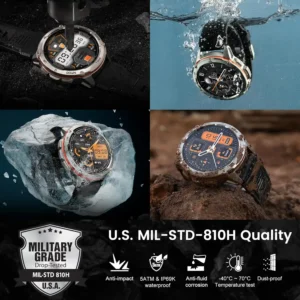 Military-grade AMAZTIM smartwatch with U.S. MIL-STD-810H certification, showcasing anti-impact, waterproof, and extreme durability