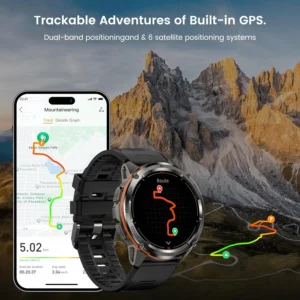 AMAZTIM GPS smartwatch displaying hiking route with dual-band and 6 satellite positioning systems, tracking outdoor adventure