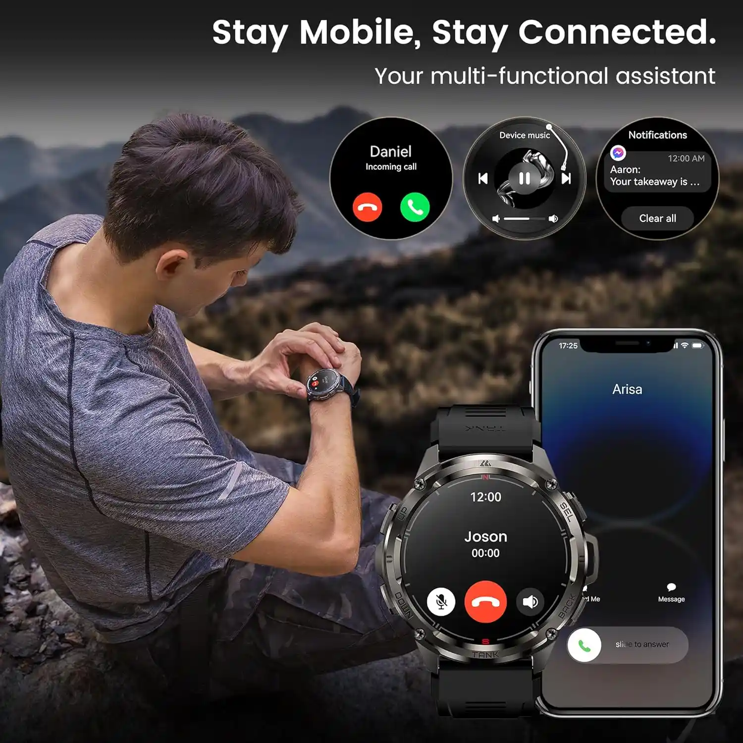 Outdoor enthusiast using AMAZTIM smartwatch with call, music, and notification functionality paired with a smartphone.