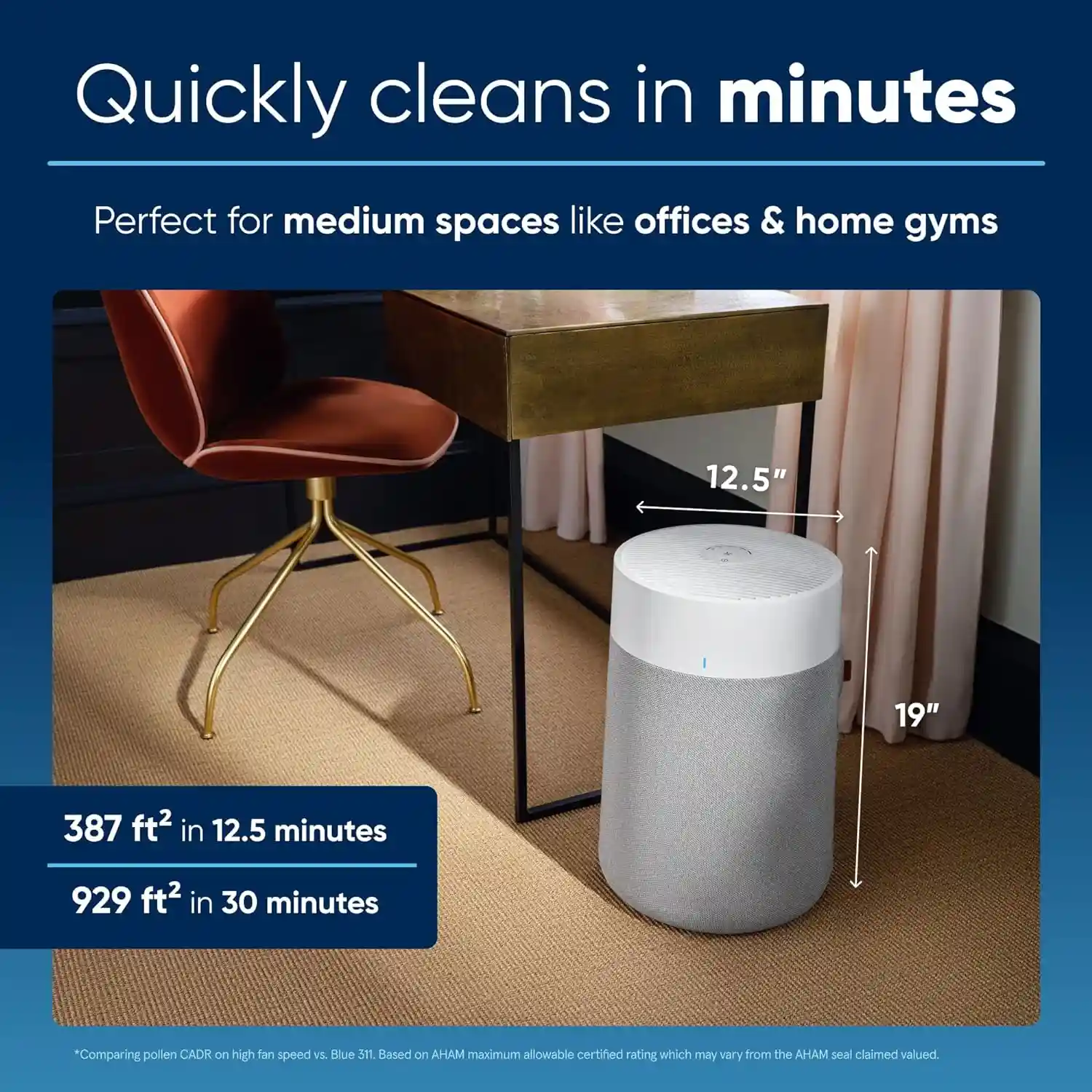 BLUEAIR Blue Pure 311i Max air purifier efficiently cleaning medium-sized spaces, perfect for offices and home gyms.