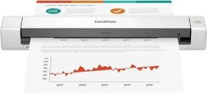 Brother DS640 Compact Mobile Document Scanner with paper showing a graph, ideal for home and office use.