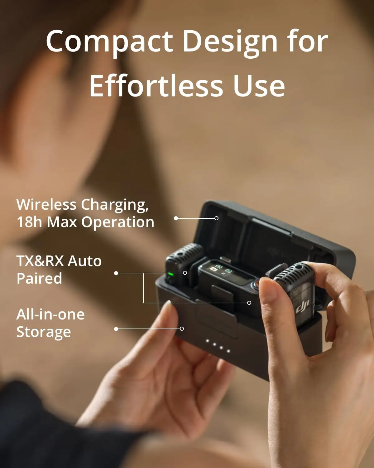 Compact wireless microphone system with charging case for 18-hour operation and seamless audio recording.