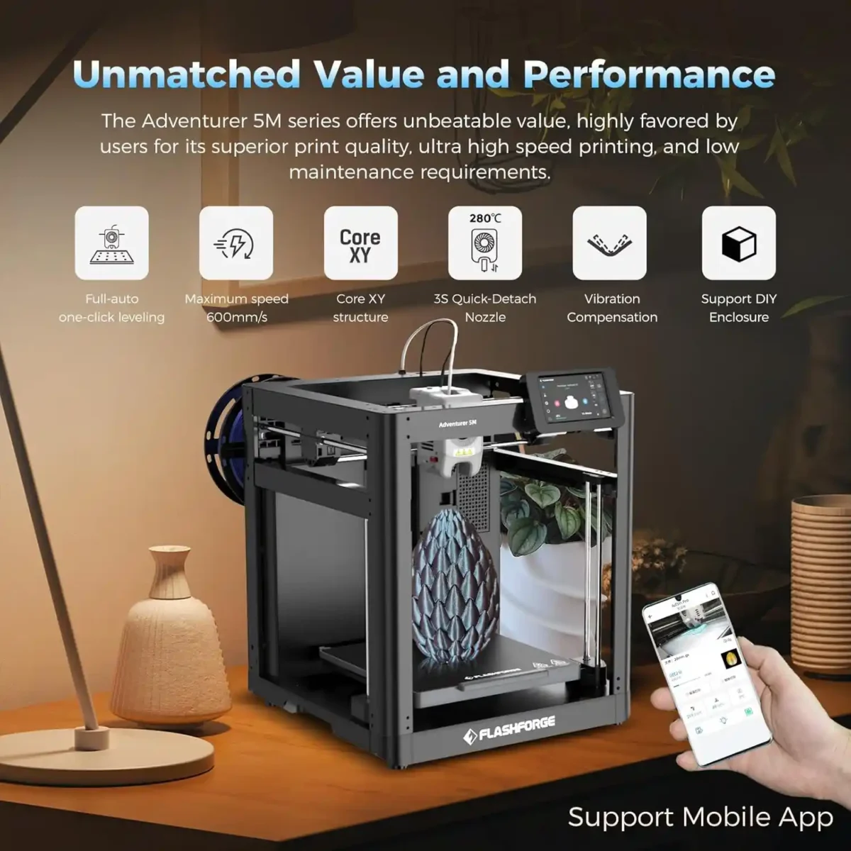 FLASHFORGE Adventurer 5M 3D printer with features like auto leveling, 600mm/s high-speed printing, and a detachable nozzle.