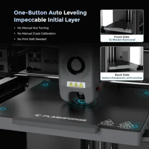 FLASHFORGE 3D printer with one-button auto leveling, showing features like easy model removal and reduced changeovers for nonstop printing.