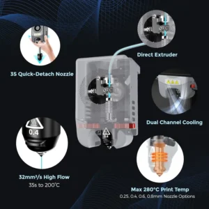 FLASHFORGE 3D printer with 3S quick-detach nozzle, direct extruder, dual channel cooling, and high flow printing capabilities.