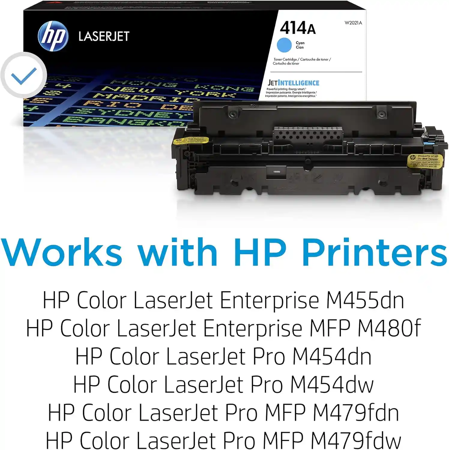 HP 414A Cyan Toner Cartridge compatible with various HP Color LaserJet printers, including M455dn, M454, and M479 series.