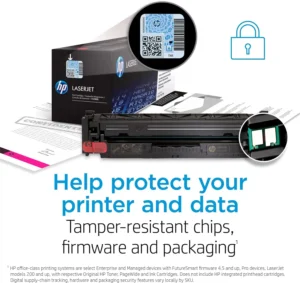 HP LaserJet toner cartridge with tamper-resistant chips and packaging designed to protect your printer and data.