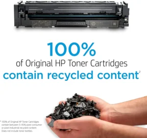 HP toner cartridge containing recycled content, highlighting the environmentally friendly aspects of using original HP cartridges.