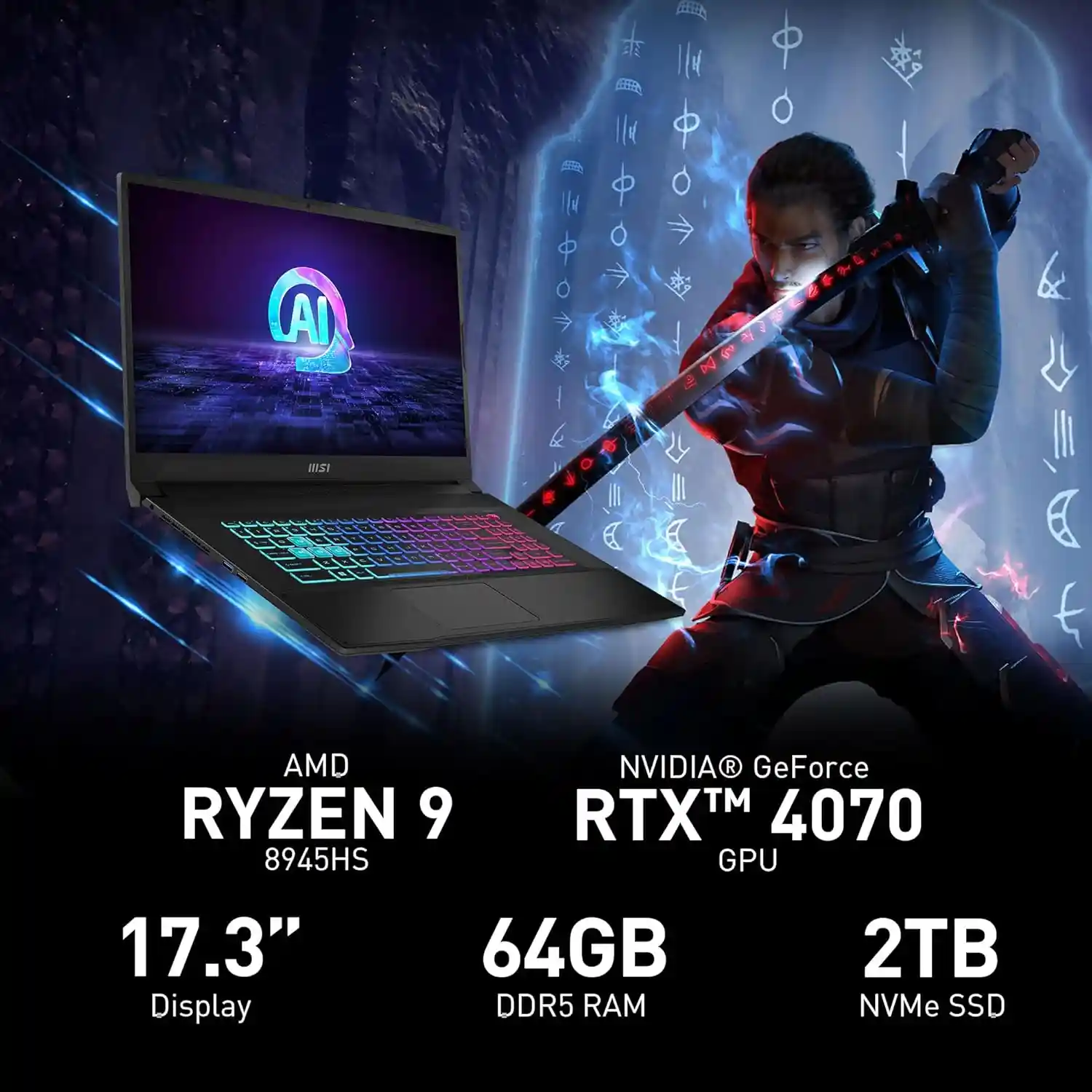 MSI Katana A17 AI Gaming Laptop featuring AMD Ryzen 9, NVIDIA RTX 4070 GPU, 64GB RAM, and 2TB SSD with vibrant RGB keyboard