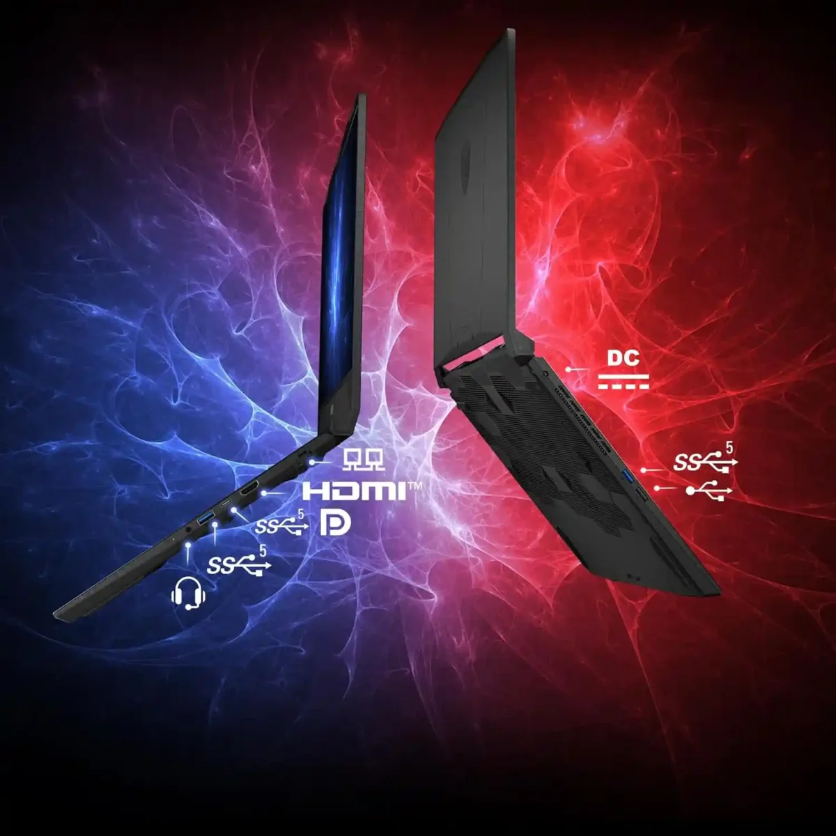 Side view of MSI gaming laptop showing HDMI, USB, and headphone ports with a sleek design.