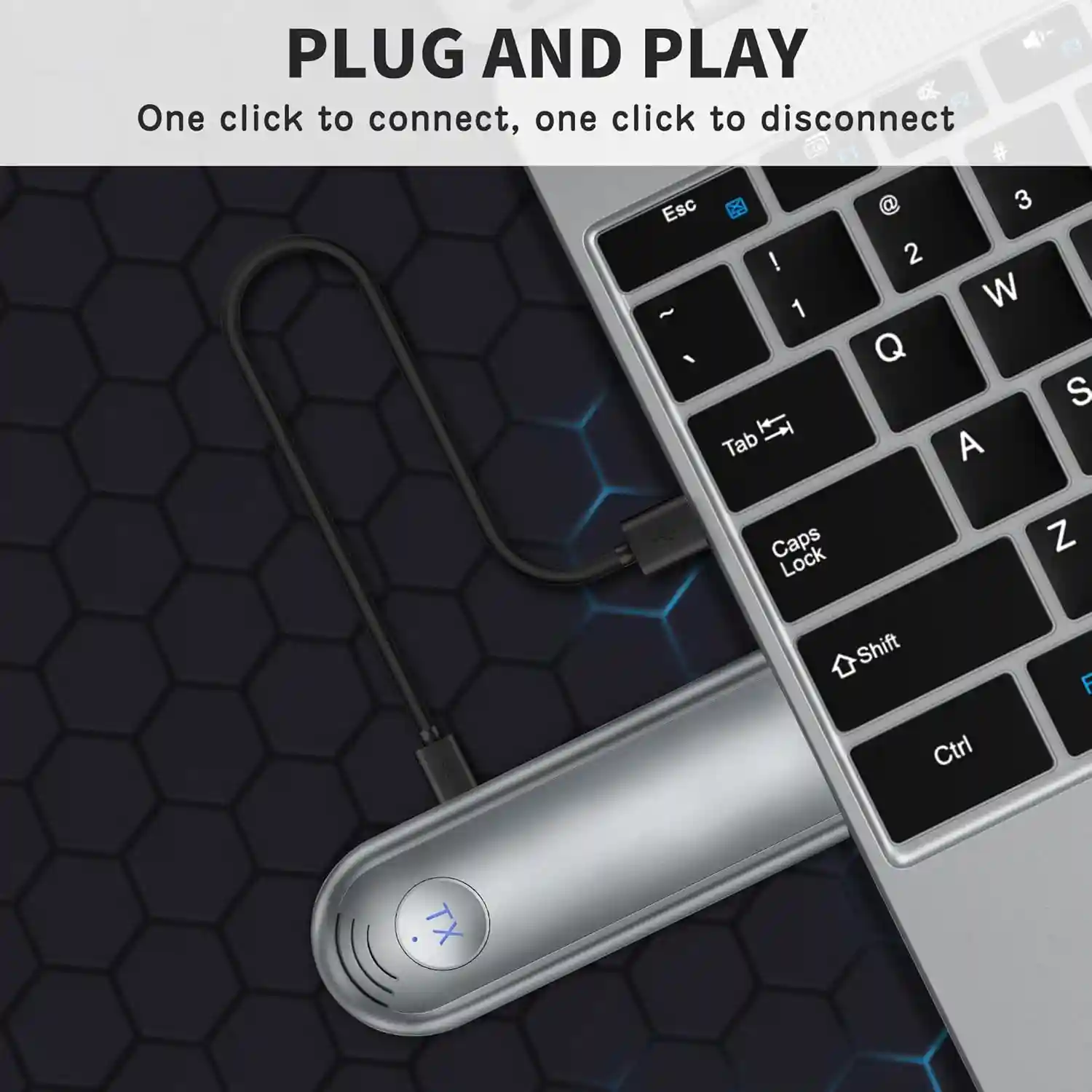 Plug and play wireless HDMI transmitter connected to a laptop.