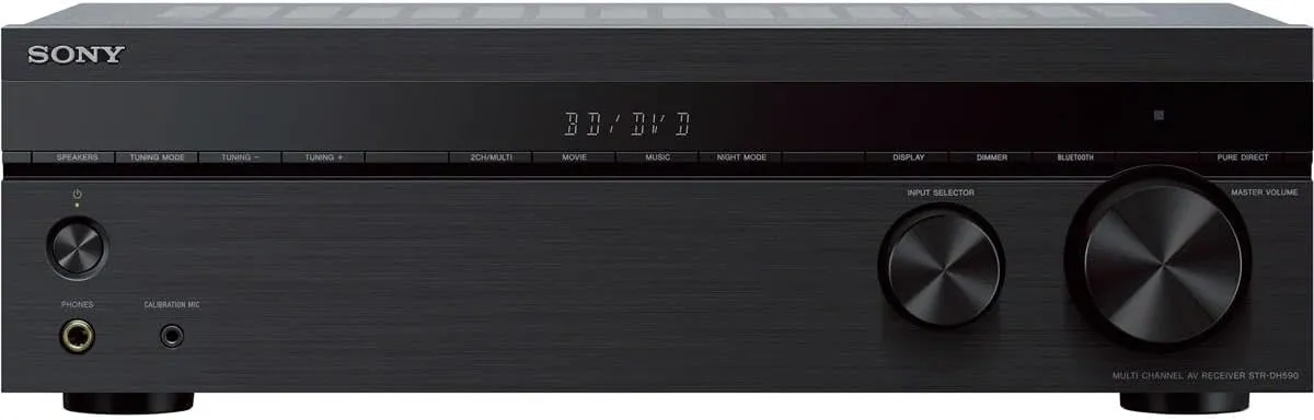 Front view of the Sony STRDH590 black AV receiver showcasing controls and display.